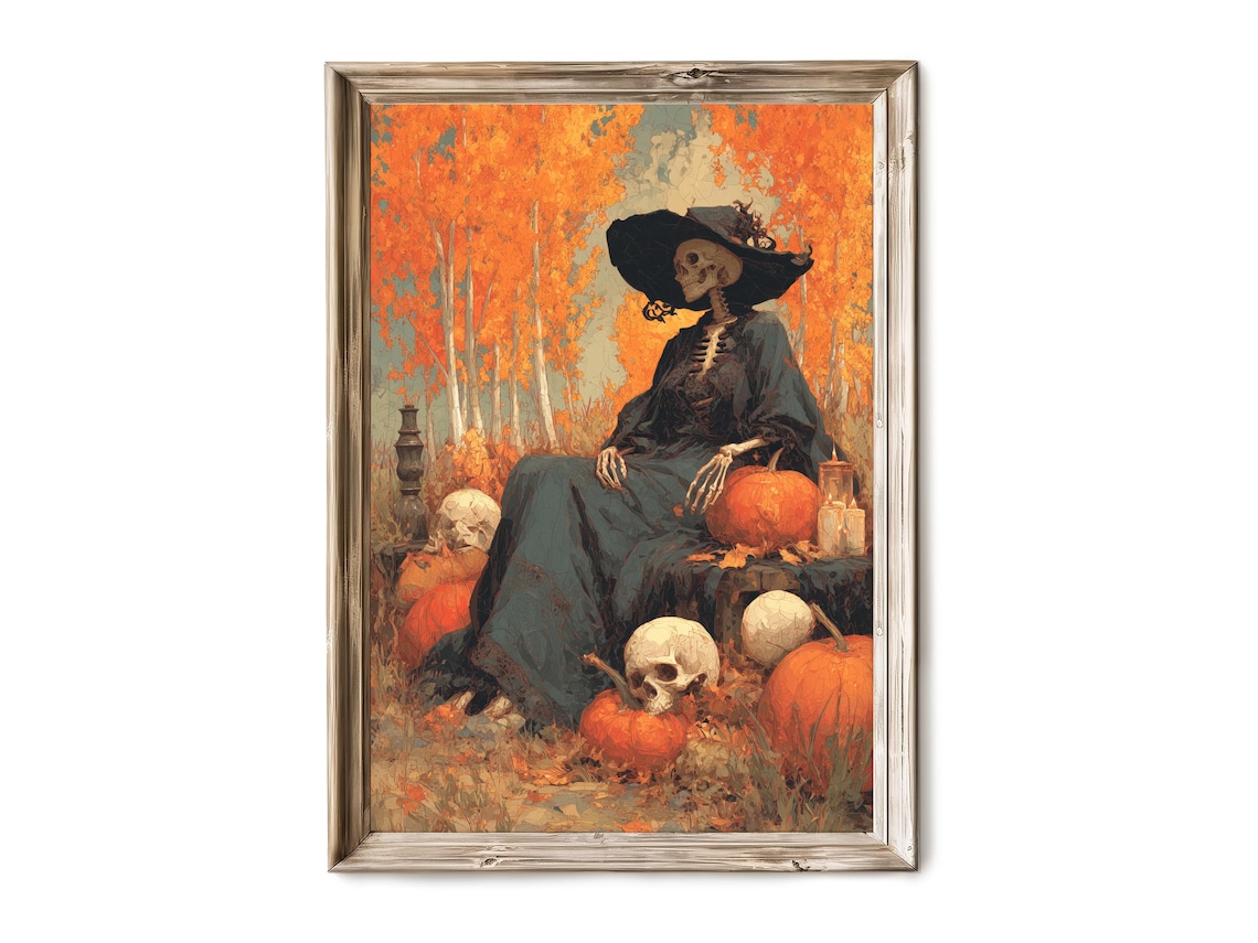 Halloween Witch Sitting With Pumpkins, Vintage Poster