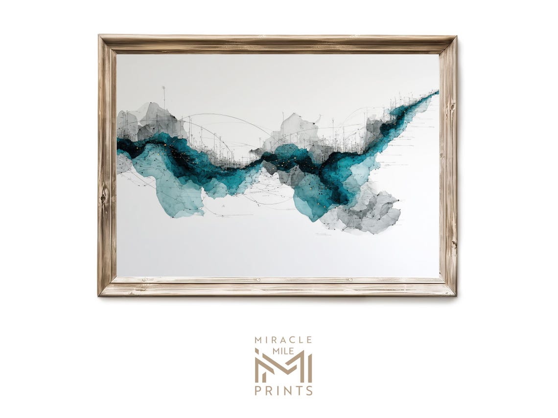 Teal Watercolor Wave Band Minimalist Abstract Modern Wall Art
