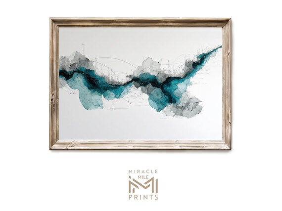 Teal Watercolor Wave Band Minimalist Abstract Modern Wall Art