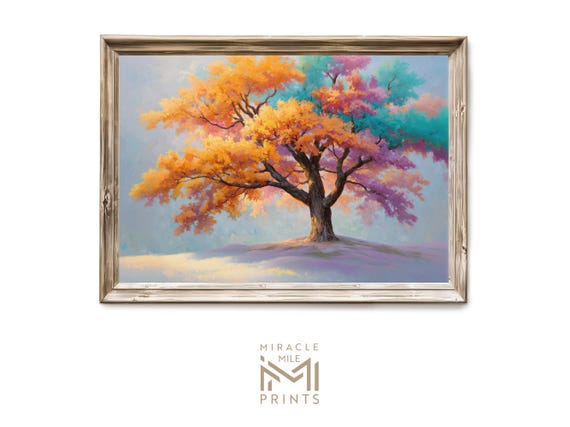Colorful Autumn Tree With Rainbow Foliage Dreamy Painting Wall Art