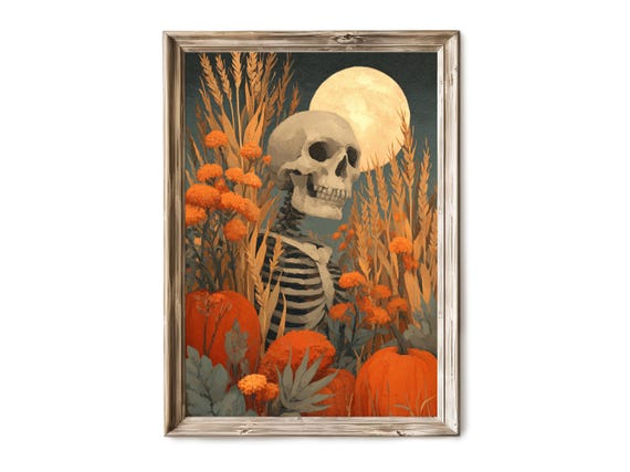 Halloween Wall Art Skeleton Grinning In Orange Autumn Field Spooky Vintage Decor Haunted Rustic Fall 283