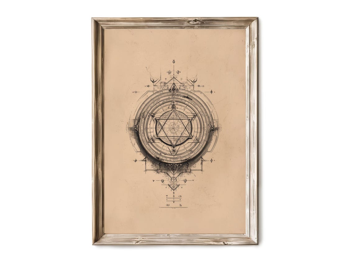Sacred Geometry Hexagram Alchemy Diagram Line Art Vintage Paper Poster
