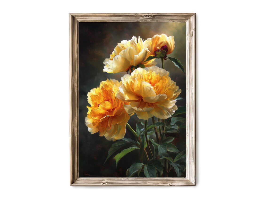 Golden Yellow Peonies Bouquet Oil Painting Vintage Floral Print