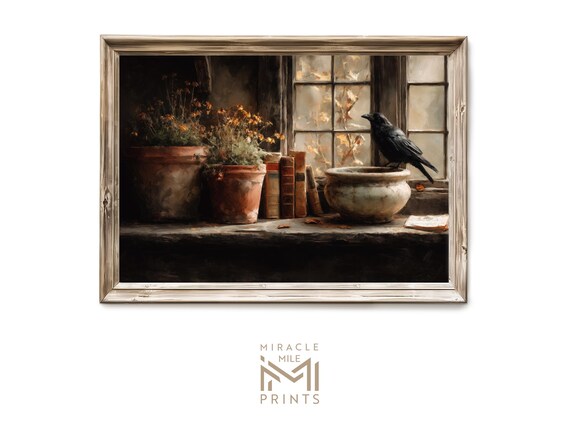 Black Crow Windowsill Autumn Still Life Books Flowers Rustic Poster