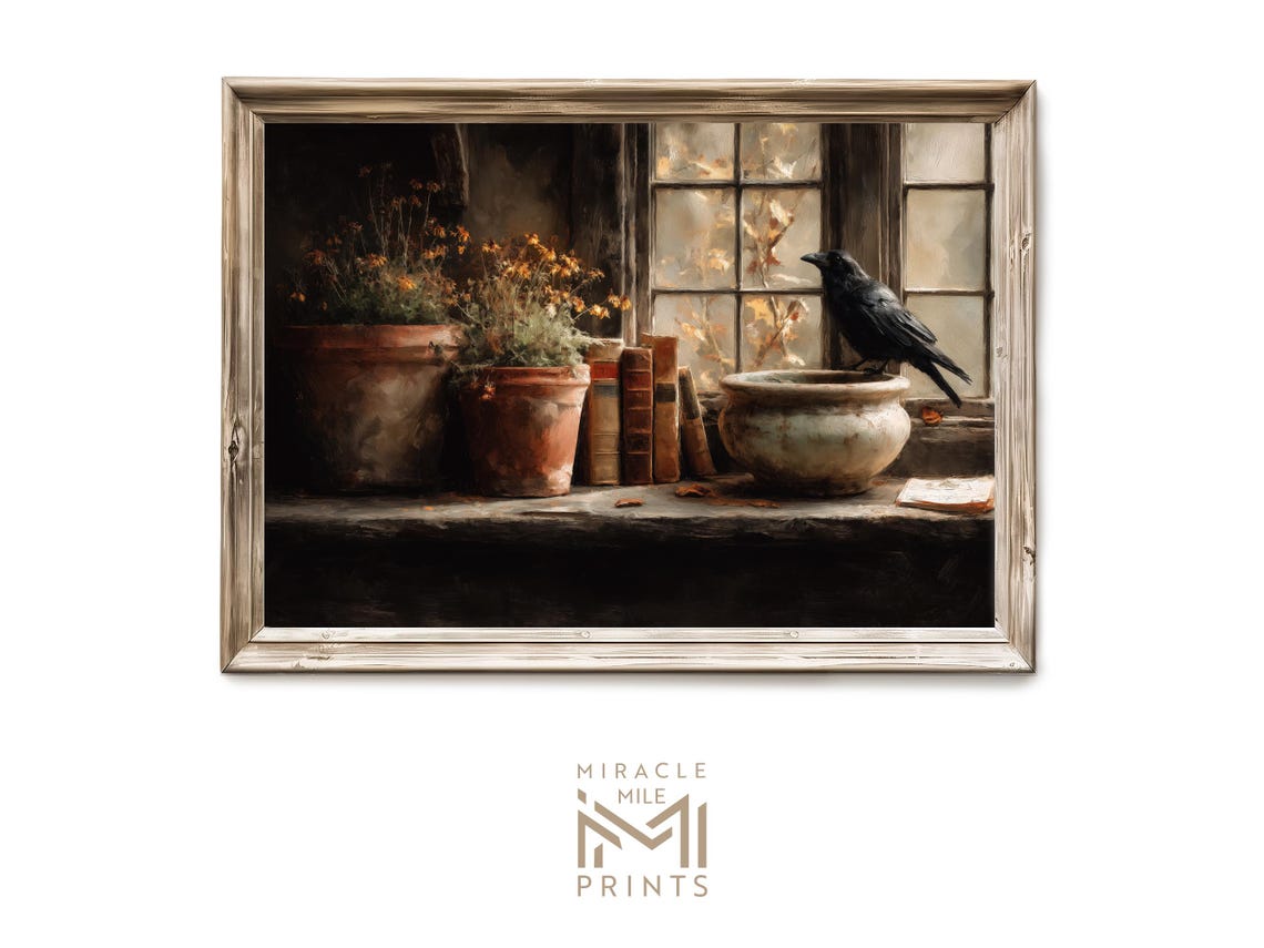 Black Crow Windowsill Autumn Still Life Books Flowers Rustic Poster