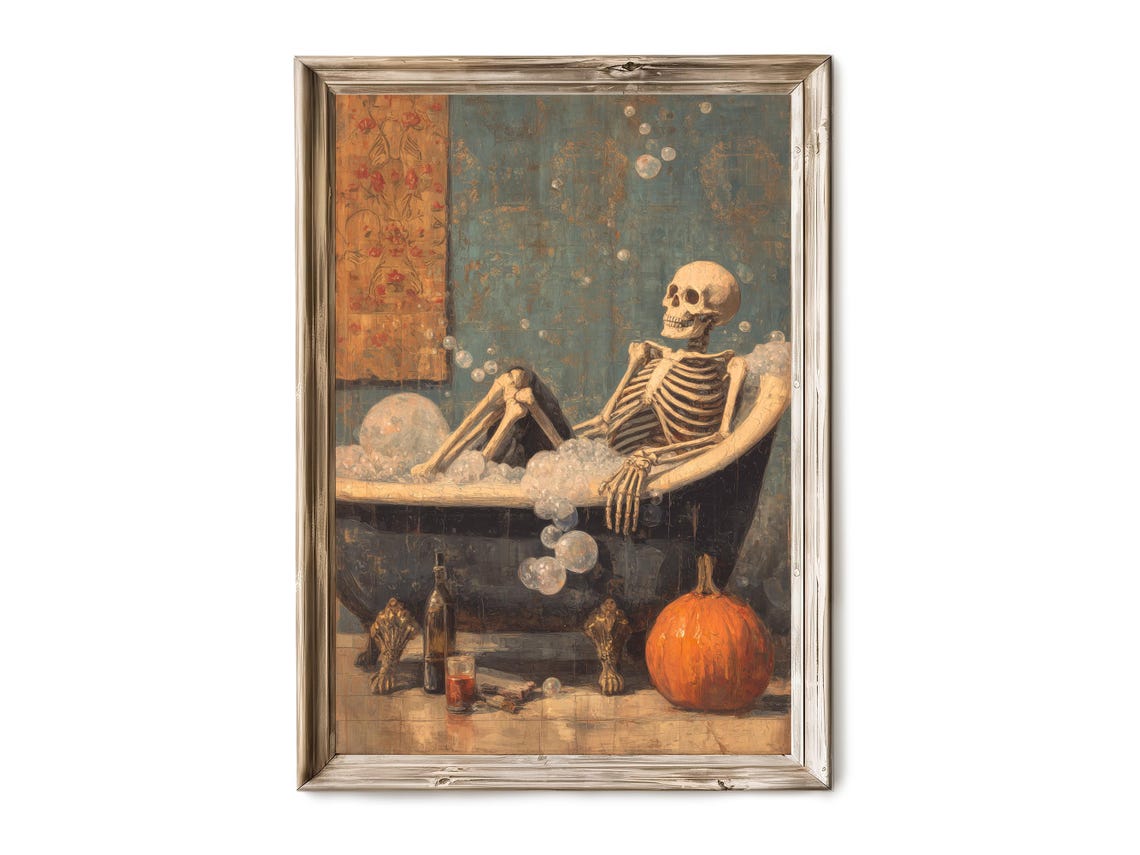 Halloween Wall Art Skeleton Lounging In Armchair With Pumpkin Vintage Cozy Gothic Decor Spooky Fall Artwork 275