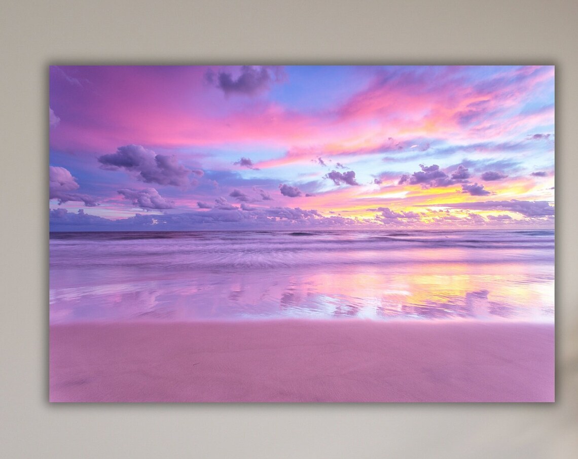 Tranquil Coastal Sunset Pink Ocean Waves Soft Sea Purple Sky Poster
