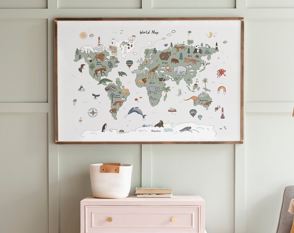 Animal-Themed Kids World Map Art Print, Zoo Decor