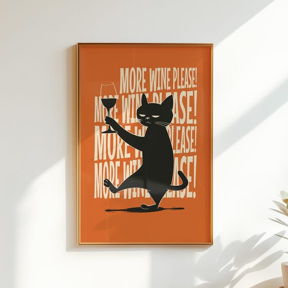 More Wine Please Funny Cat Print Bar Cart Decor Bold Typography Poster Digital Download
