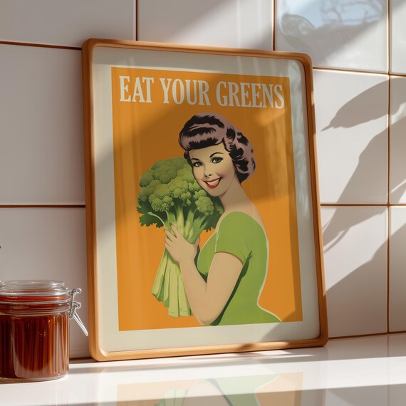 Eat Your Greens Retro Pin-Up Woman Broccoli Orange Kitchen Poster