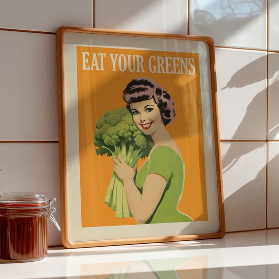 Eeat Your Greens Art Veggie Print Vegetable Poster Midcentury Kitchen Decor Digital Download