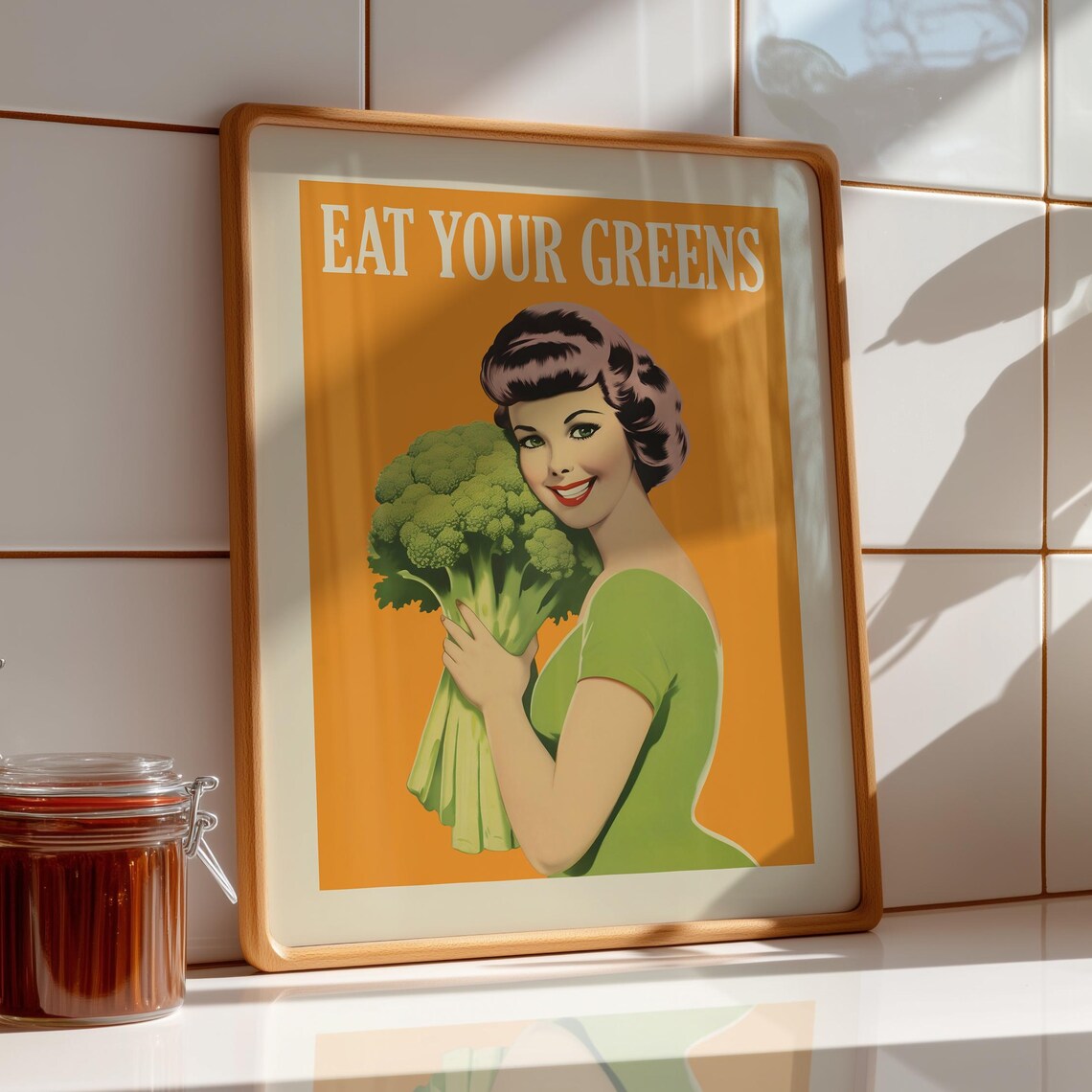 Eat Your Greens Retro Pin-Up Woman Broccoli Orange Kitchen Poster