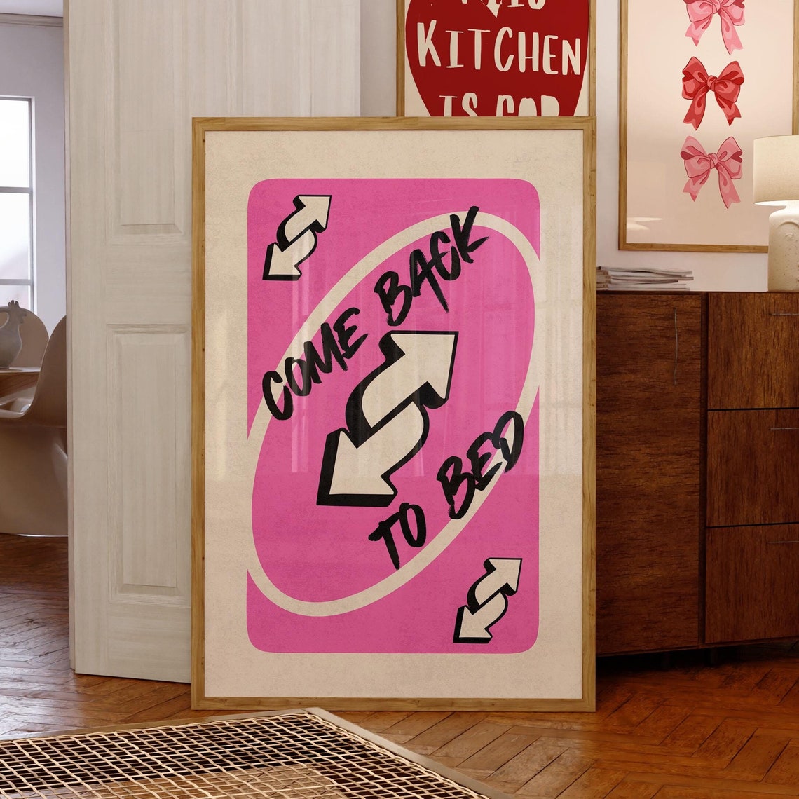 Come Back To Bed Pink Playing Card Retro Preppy Bedroom Poster