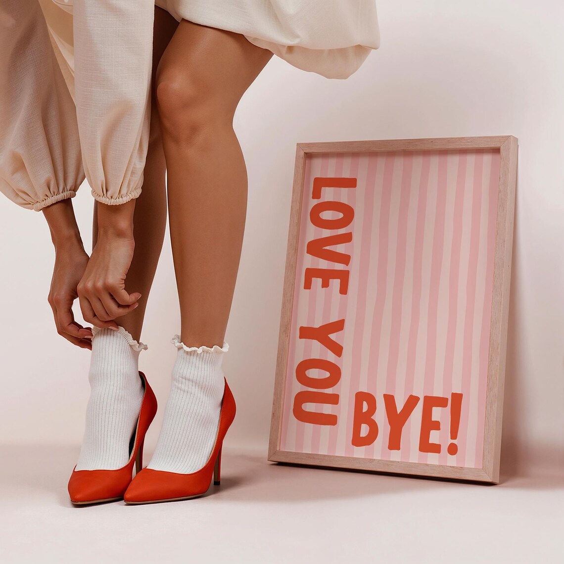 Love You Bye Red Text Pink Striped Fun Farewell Entryway Poster