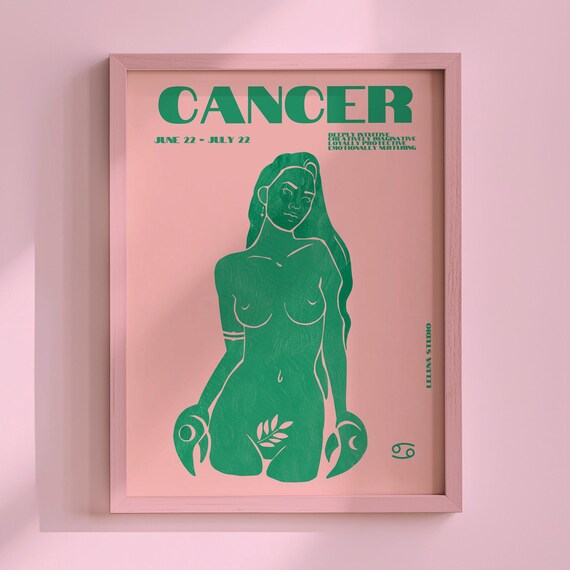 Cancer Zodiac Goddess Pink Green Retro Astrology Poster June 22 July 22