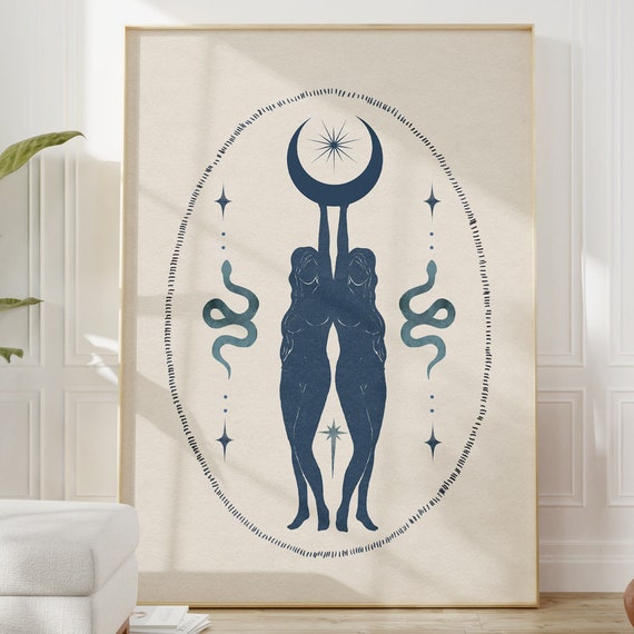 Mystical Moon Art Print Feminine Energy Artwork Blue Vintage Style Goddess Poster Boho Serpent