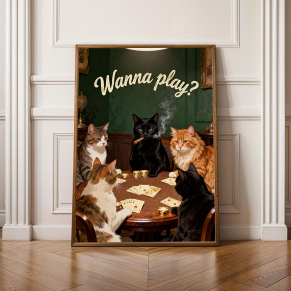 Cats Playing Poker Art Print Humorous Vintage Poster For Cat Lovers
