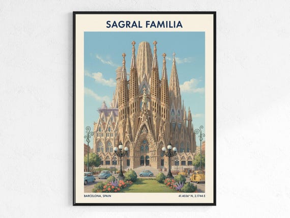 Sagrada Familia Print Vintage Barcelona Cathedral Travel Poster Art Living Room Decor