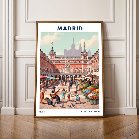 Madrid Plaza Mayor Vintage Travel Poster Spain City Scene Guitarist Kids