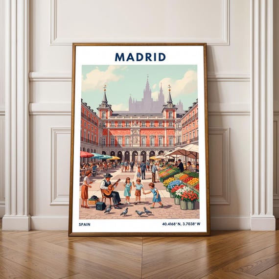 Madrid Travel Poster Vintage Wall Art Of Plaza Mayor Spain Street Market Architecture