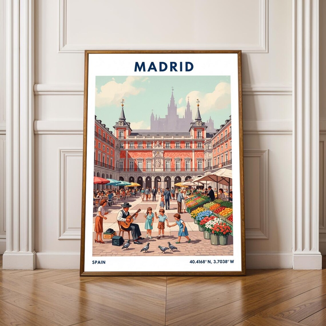 Madrid Plaza Mayor Vintage Travel Poster Spain City Scene Guitarist Kids