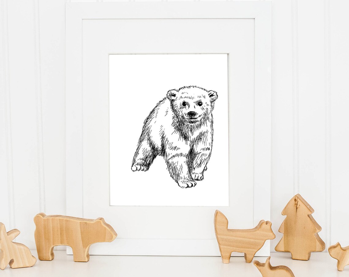 Black and White Baby Polar Bear Ink Sketch Nursery Art Poster - Image 2
