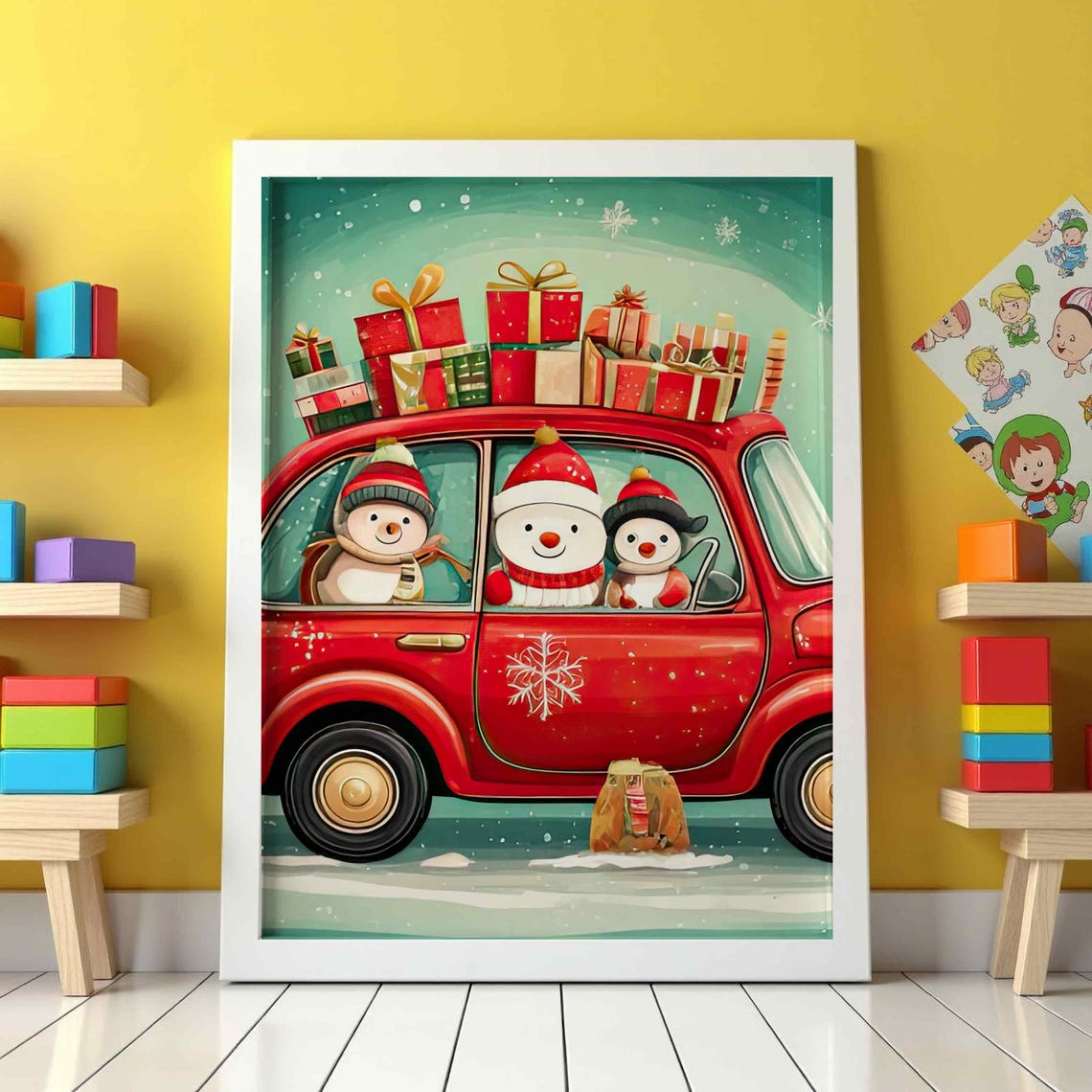 Christmas Snowmen Red Car Gift Delivery Cute Holiday Kids Wall Art