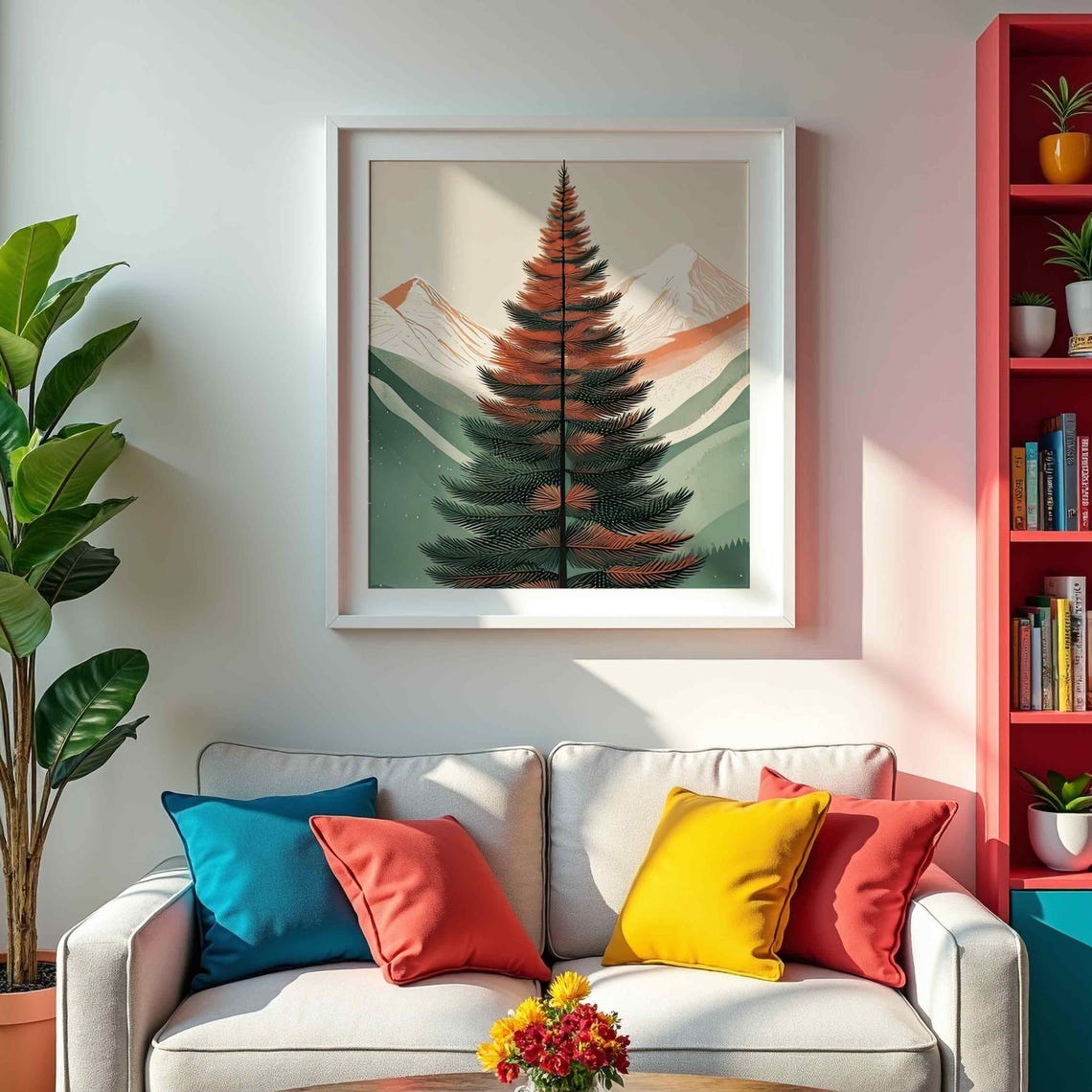 Single Pine Tree Mountain Landscape Vintage Scandinavian Nature Poster
