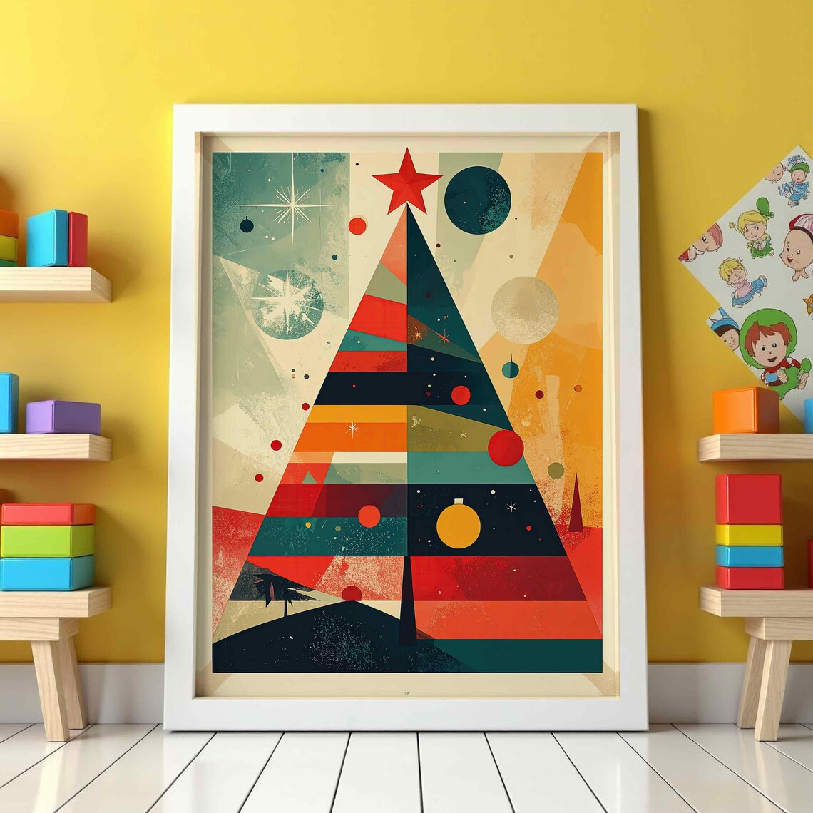 Starry Geometric Christmas Tree Red Star Retro Holiday Art Poster