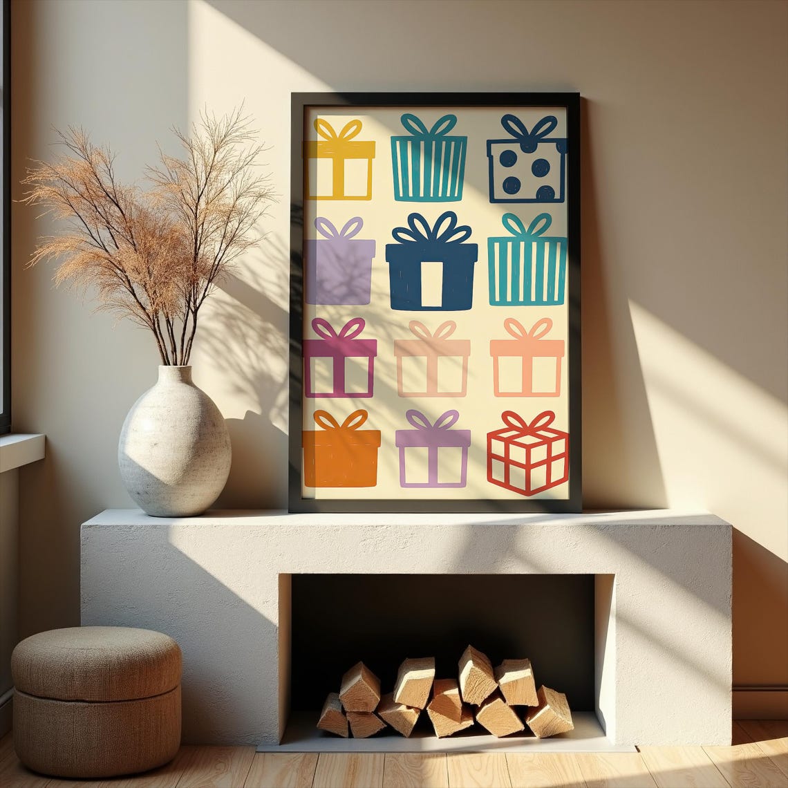 Colorful Gift Boxes Holiday Pattern Minimalist Christmas Wall Art