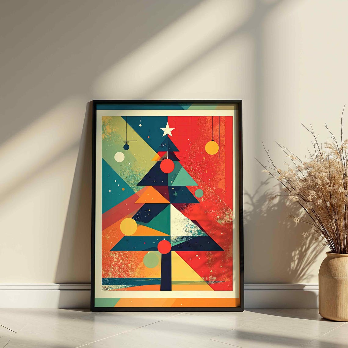 Geometric Christmas Tree Star Bold Red Teal Orange Holiday Poster