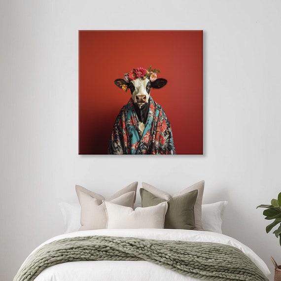 Maximalist Eclectic Fashionista Cow Print Bold Altered Animal Portrait Fantasy Fun Colorful Flowery Rustic Vintage Floral Art