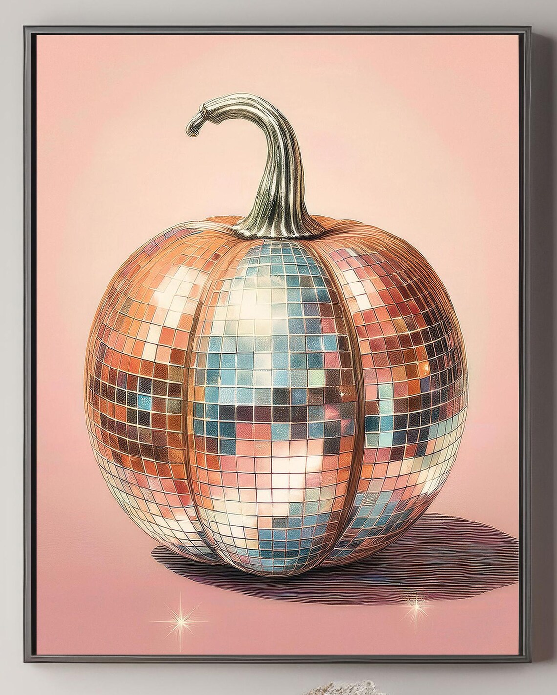 Disco Ball Pumpkin Pink Sparkle Groovy Retro Fall Party Wall Art Poster - Image 3