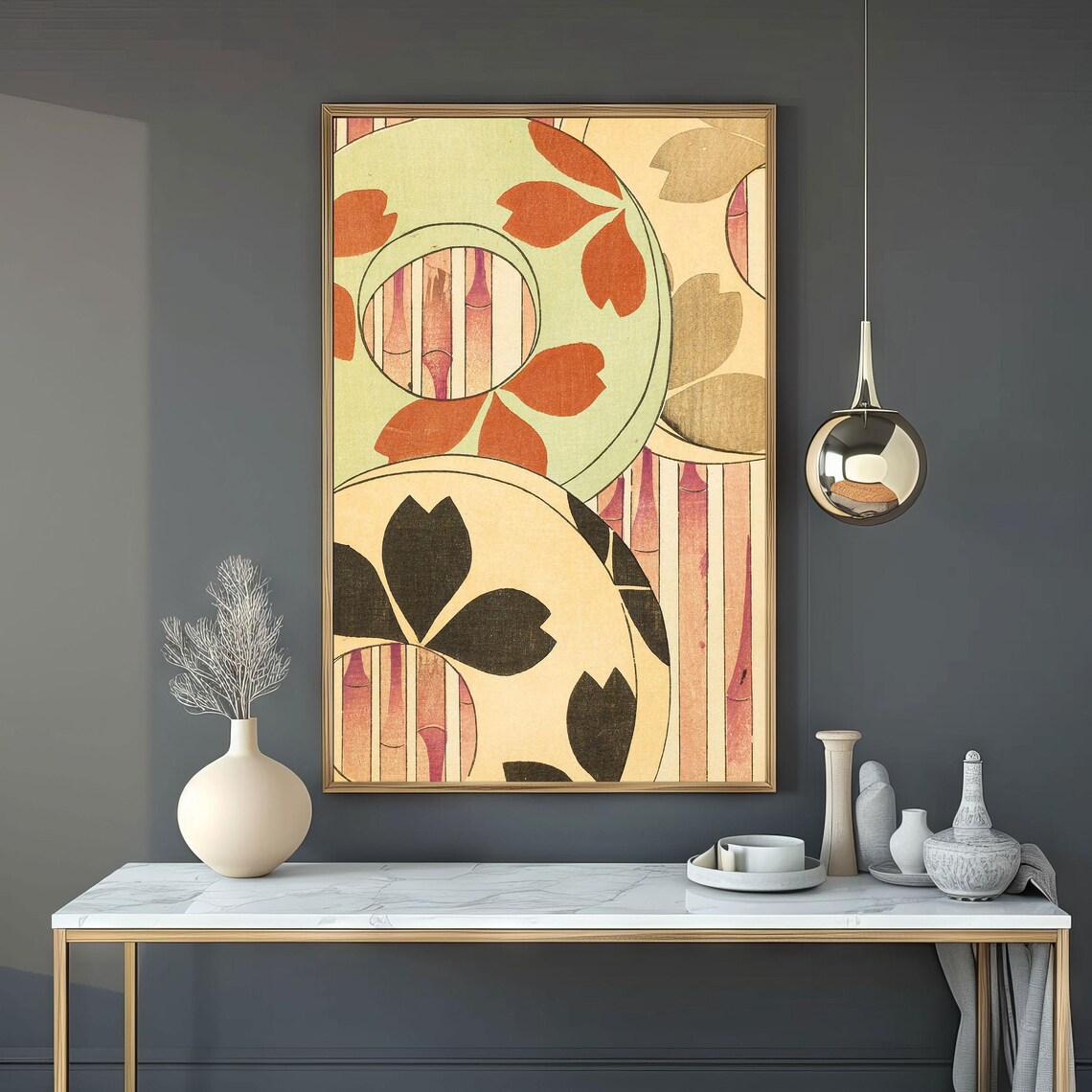 Vintage Japanese Uchiwa Fan Floral Woodblock Style Art Wall Poster - Image 6