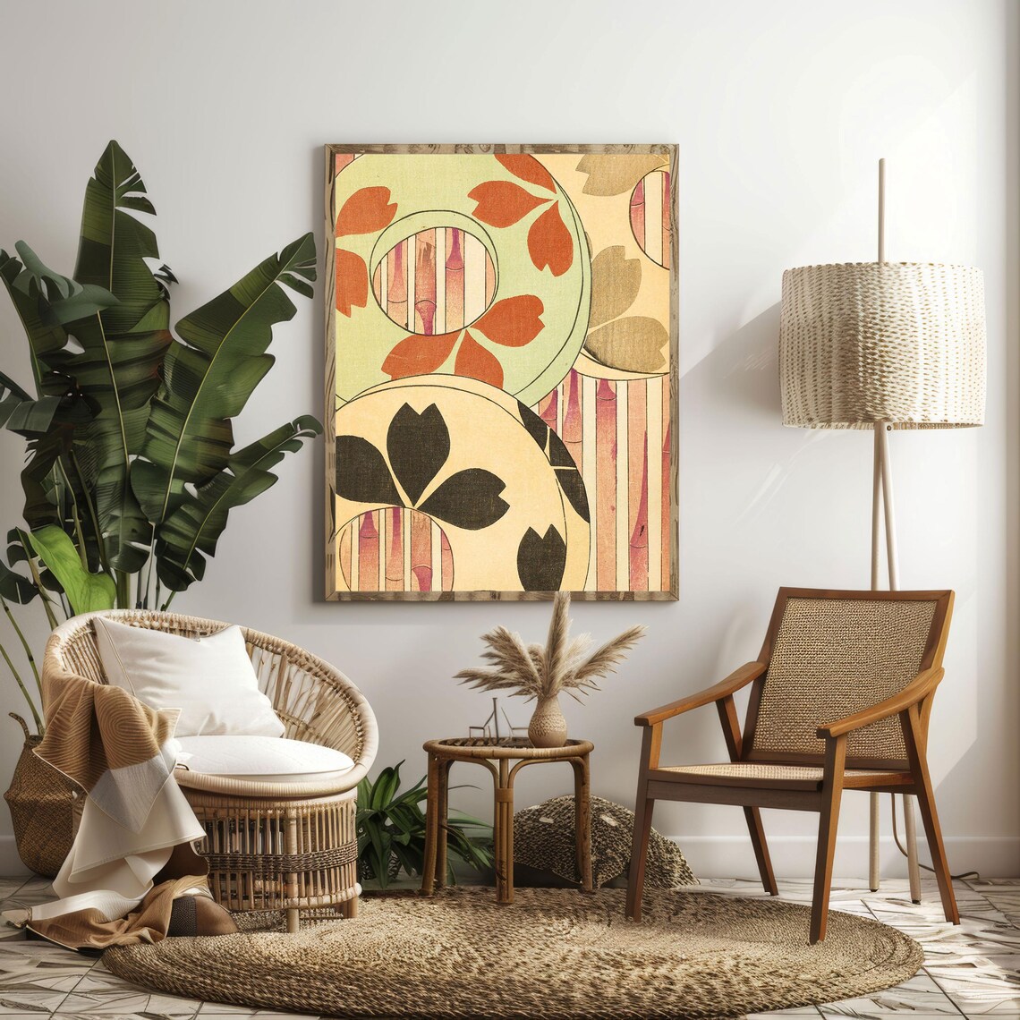Vintage Japanese Uchiwa Fan Floral Woodblock Style Art Wall Poster - Image 4