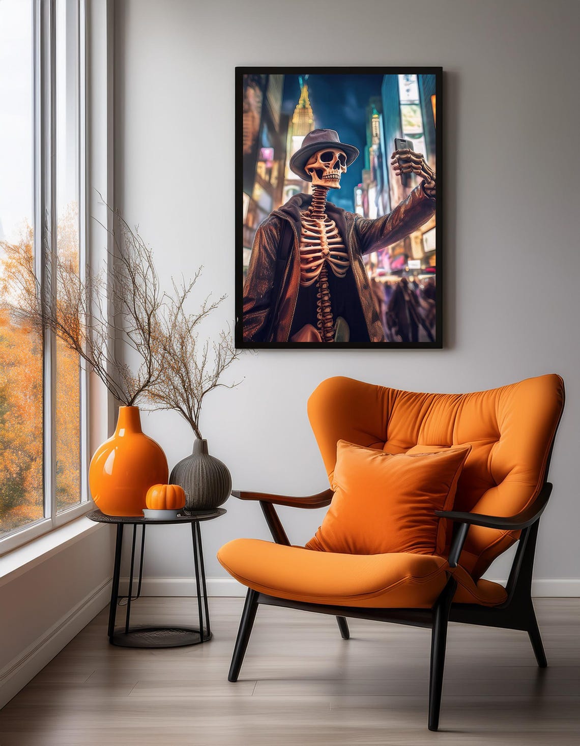 Funny Skeleton Taking Selfie Night City Street Halloween Art Poster - Image 2