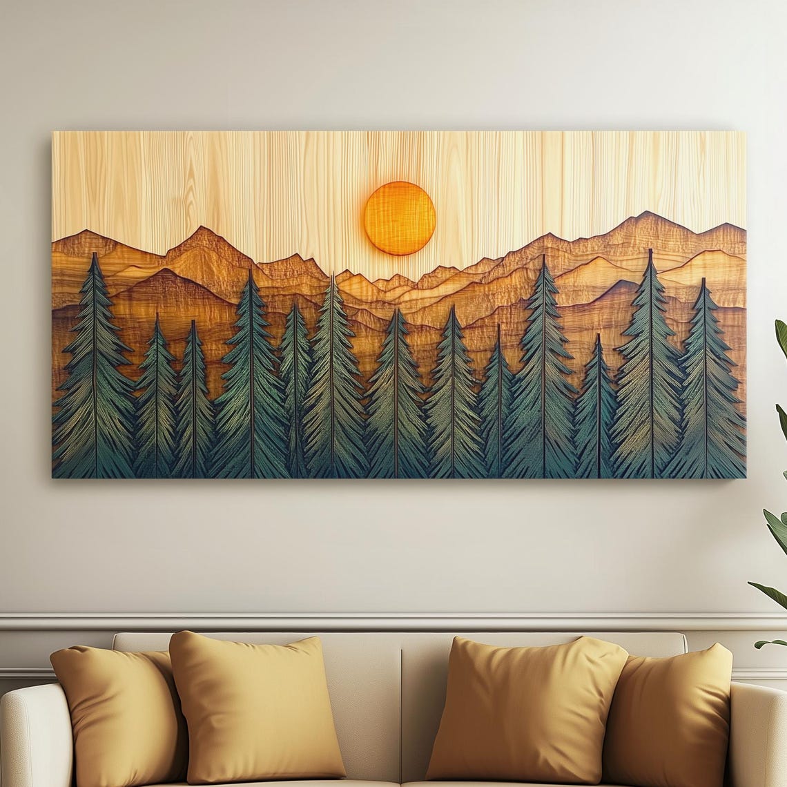Layered Wood Pine Forest Sunset Mountain Ridges Rustic Wall Art