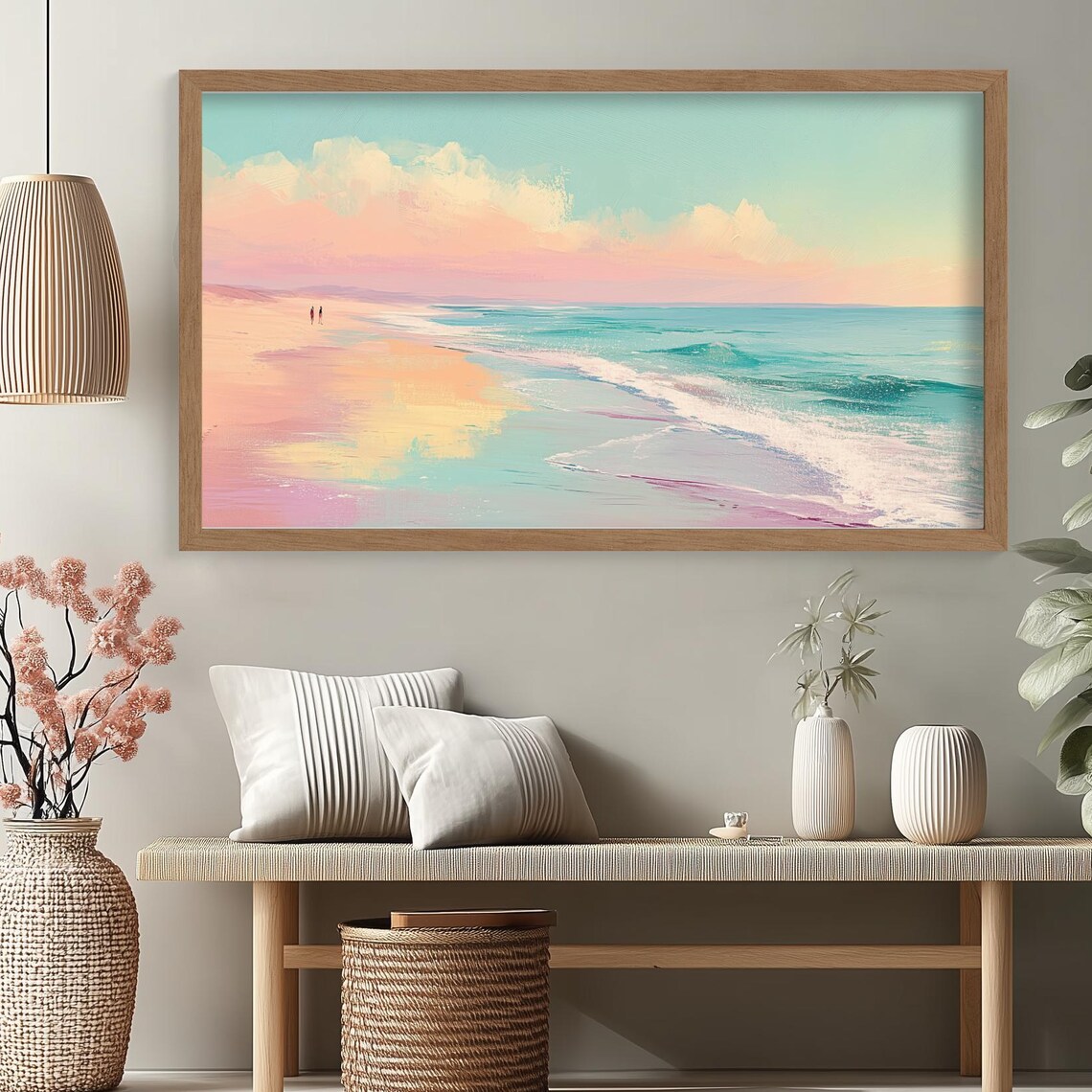 Pastel Beach Ocean Waves Pink Sky Modern Coastal Painting Poster