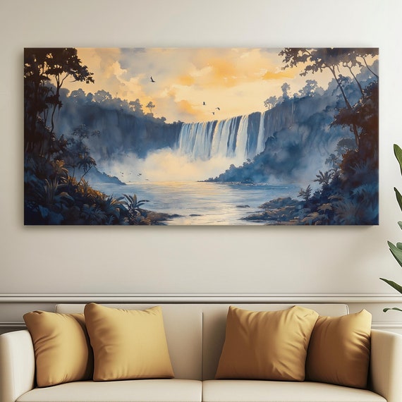 Victoria Falls Canvas Art Painting Powerful Waterfall Giclee Watercolor Print Misty Rainforest Landscape Wall Decor African Travel