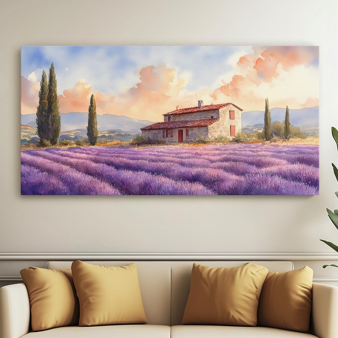 Lavender Field Stone Farmhouse Watercolor Countryside Poster