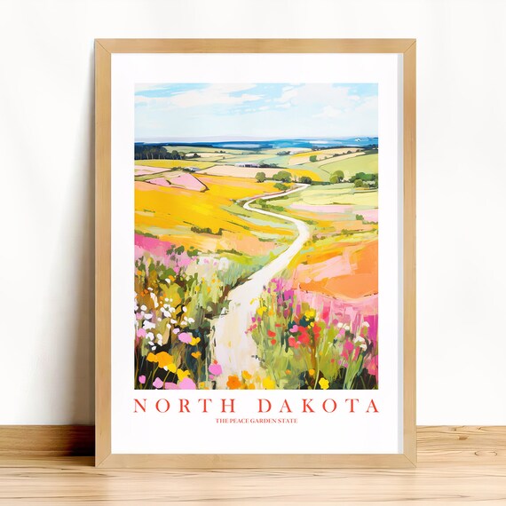 North Dakota Peace Garden State Colorful Prairie Travel Poster
