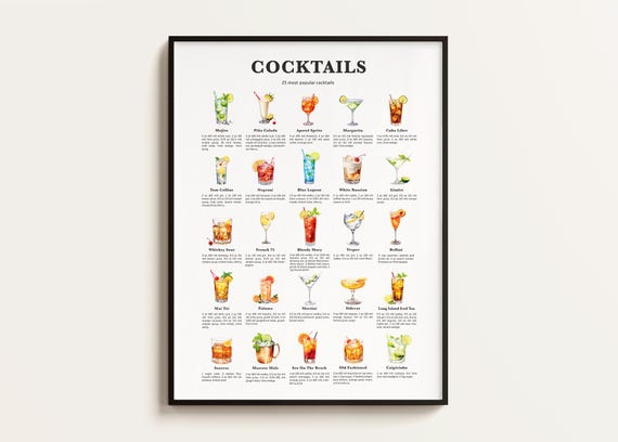 25 Popular Cocktails Recipe Poster, Kitchen Art