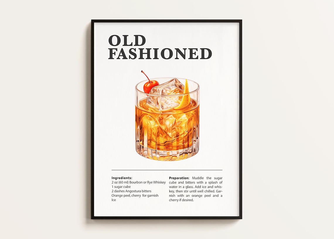 Old Fashioned Recipe Cocktail Poster Print, Bar Art