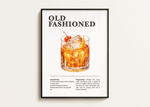 Old Fashioned Recipe Cocktail Poster Print, Bar Art