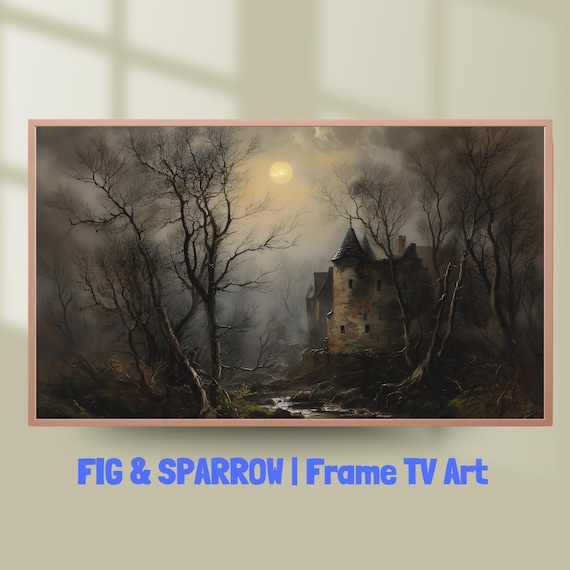 Moonlit Stone Castle in Winter Woods Gothic Night Landscape Wall Art