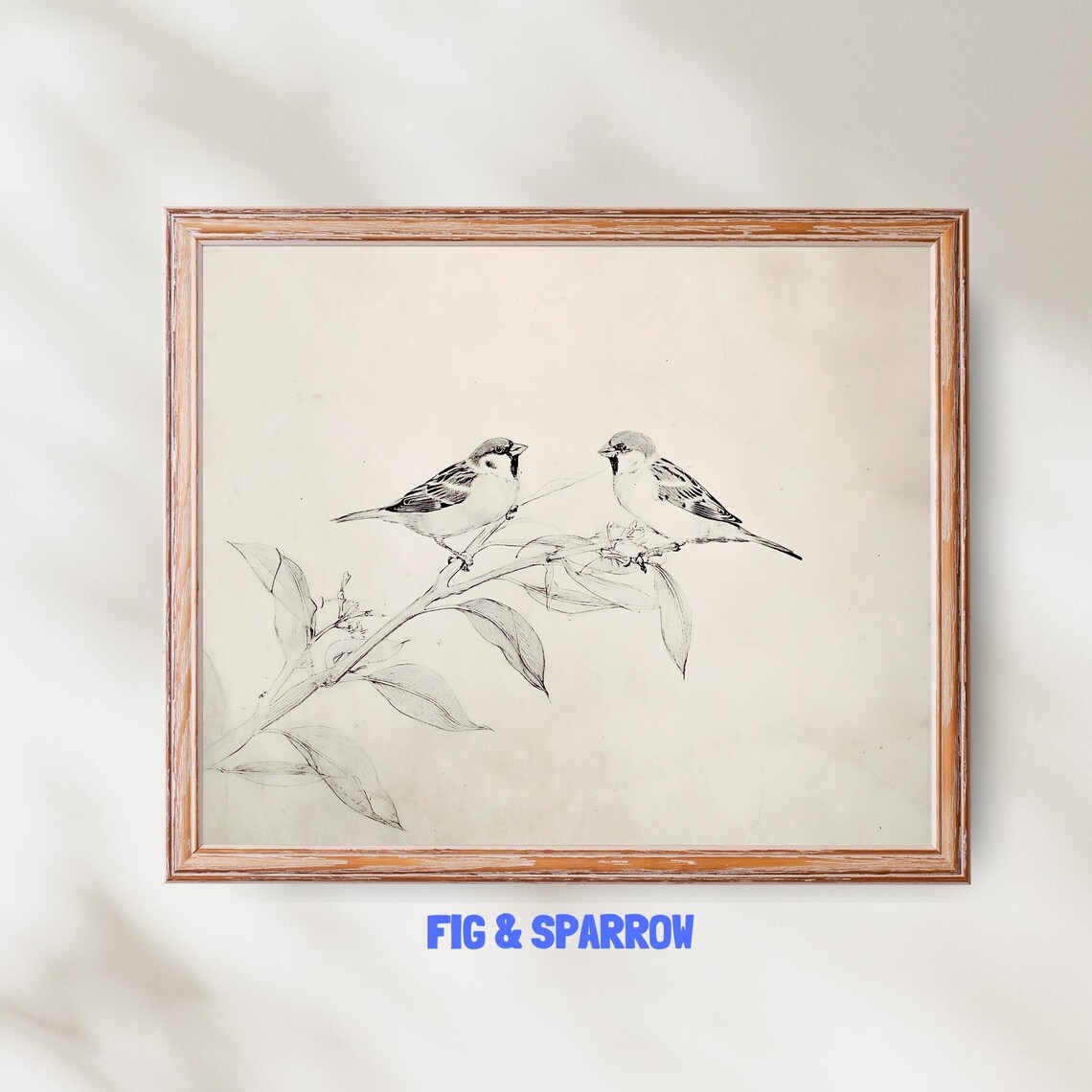 Two Songbirds on a Branch Pencil Sketch Vintage Bird Art Print