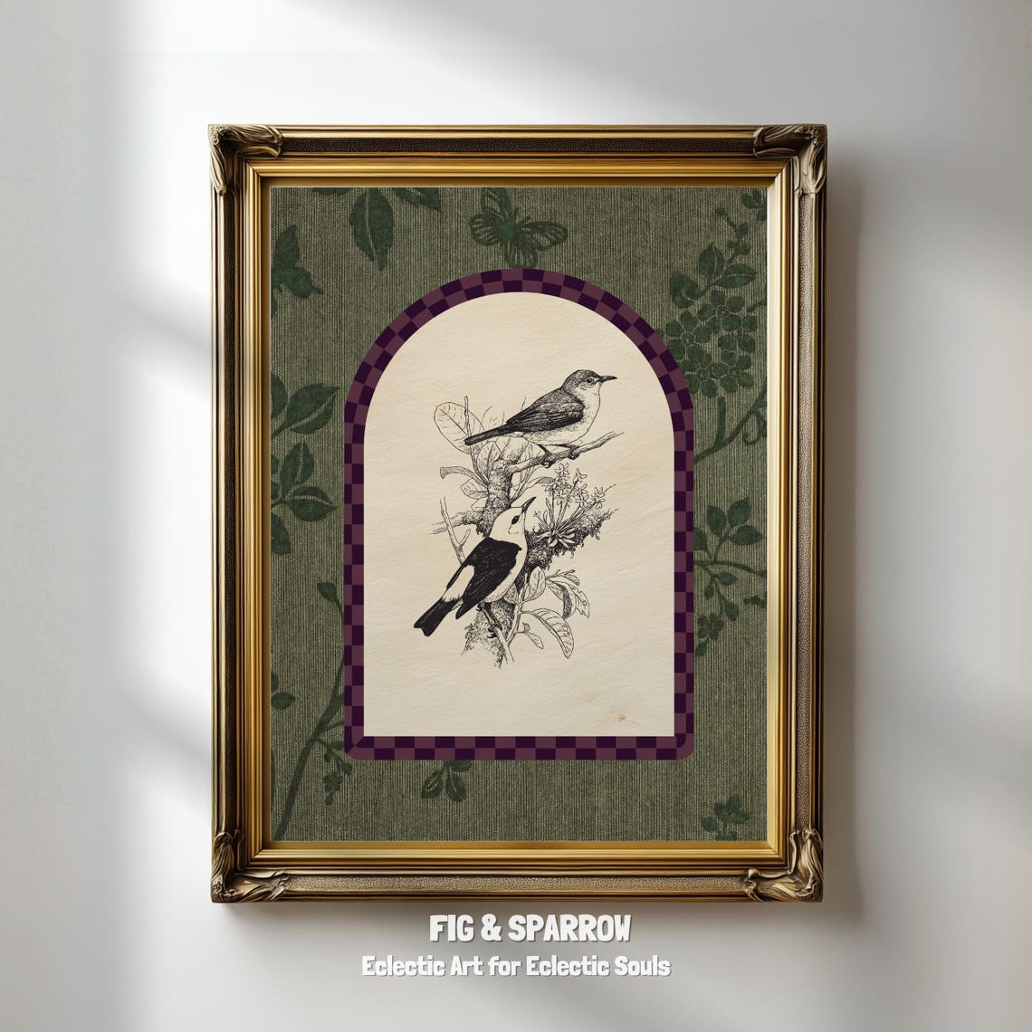 Vintage Bird Illustration Dark Academia Wall Art Green Floral