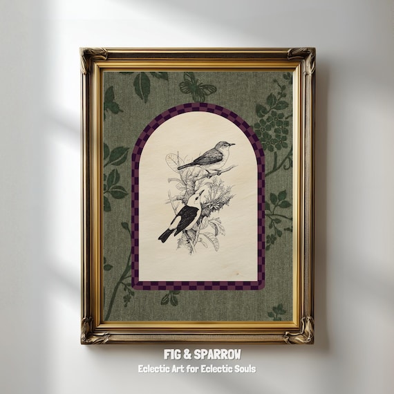 Vintage Bird Illustration Dark Academia Wall Art Green Floral