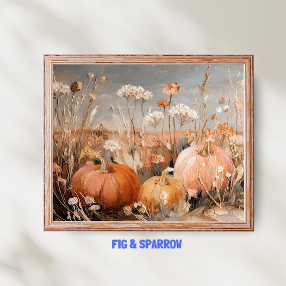 Rustic Pumpkin Field Painting Autumn Harvest Farmhouse Art