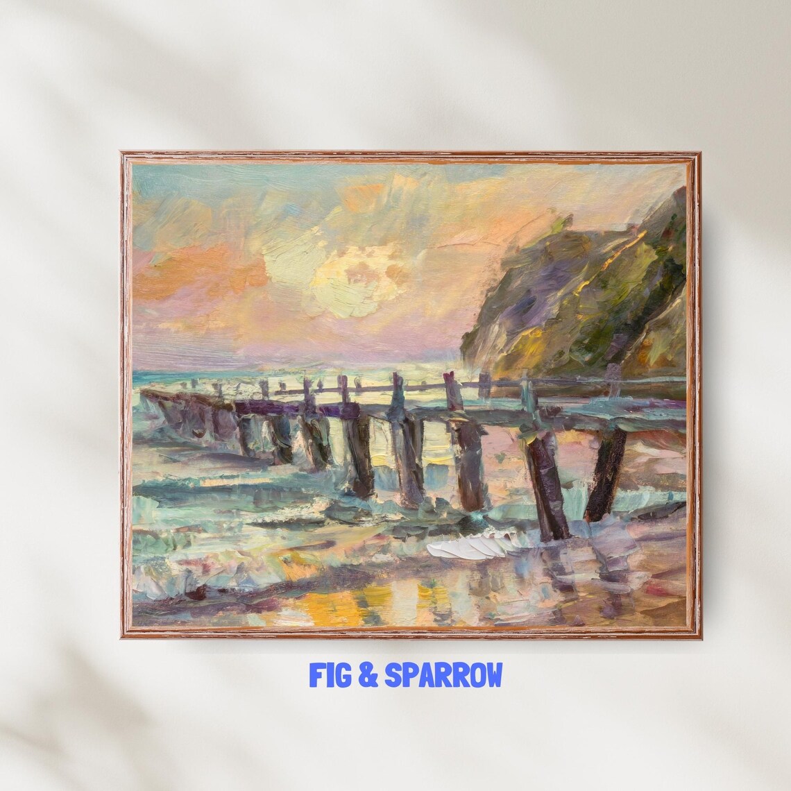 Sunset Pier Oil Painting Vintage Coastal Beach Waves Golden Hour Wall Art